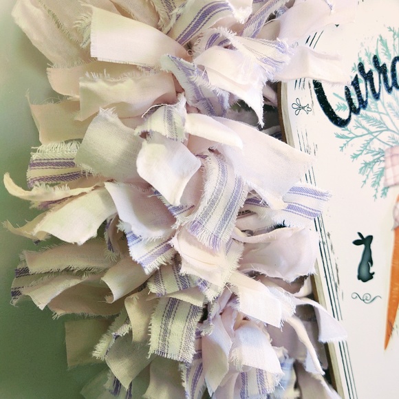 Hand Crafted Easter Fabric Rag Wreath, Pink & Purple, Carrot Patch Sign, 18" - Picture 5 of 11